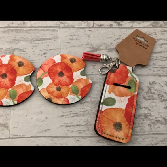 Handmade Accessories - Poppy Car Coasters and  Chapstick Keychain Holder Peachy tassel